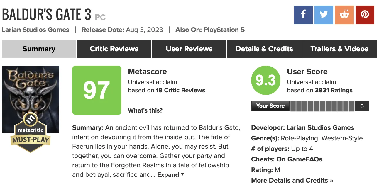 Screen with Baldur's Gate 3 rating image
