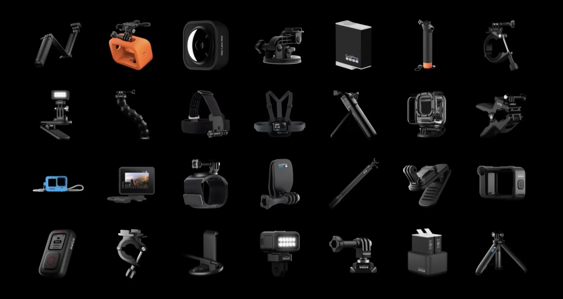 GoPro Hero accessories on black background
