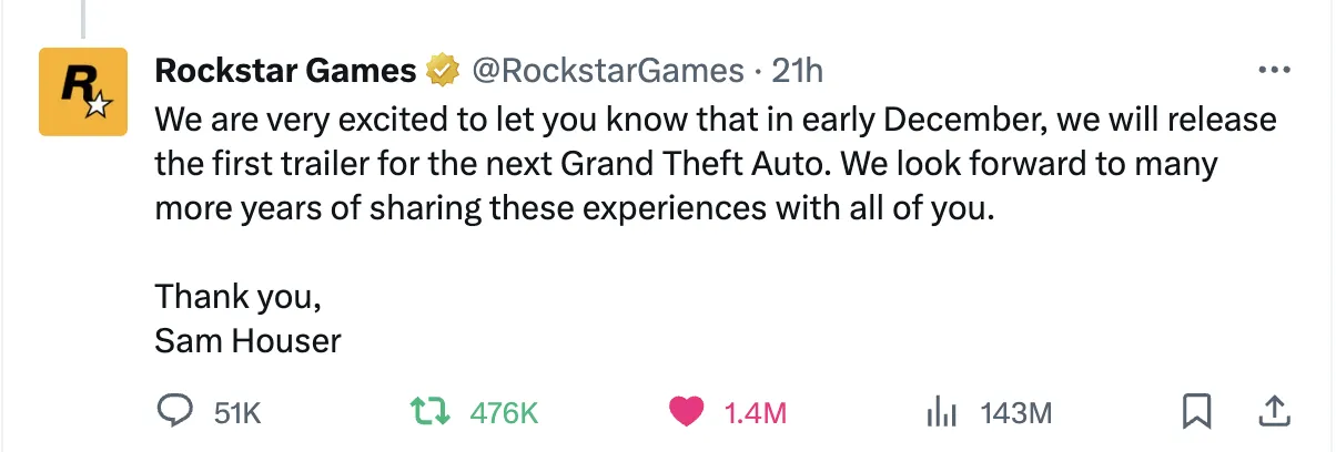 GTA 6 announcement tweet 2023