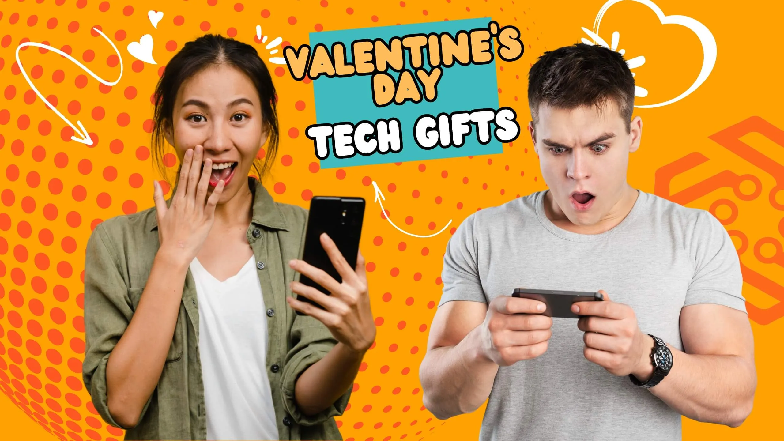 Excited woman and man with phones find a Valentine's Day gifts