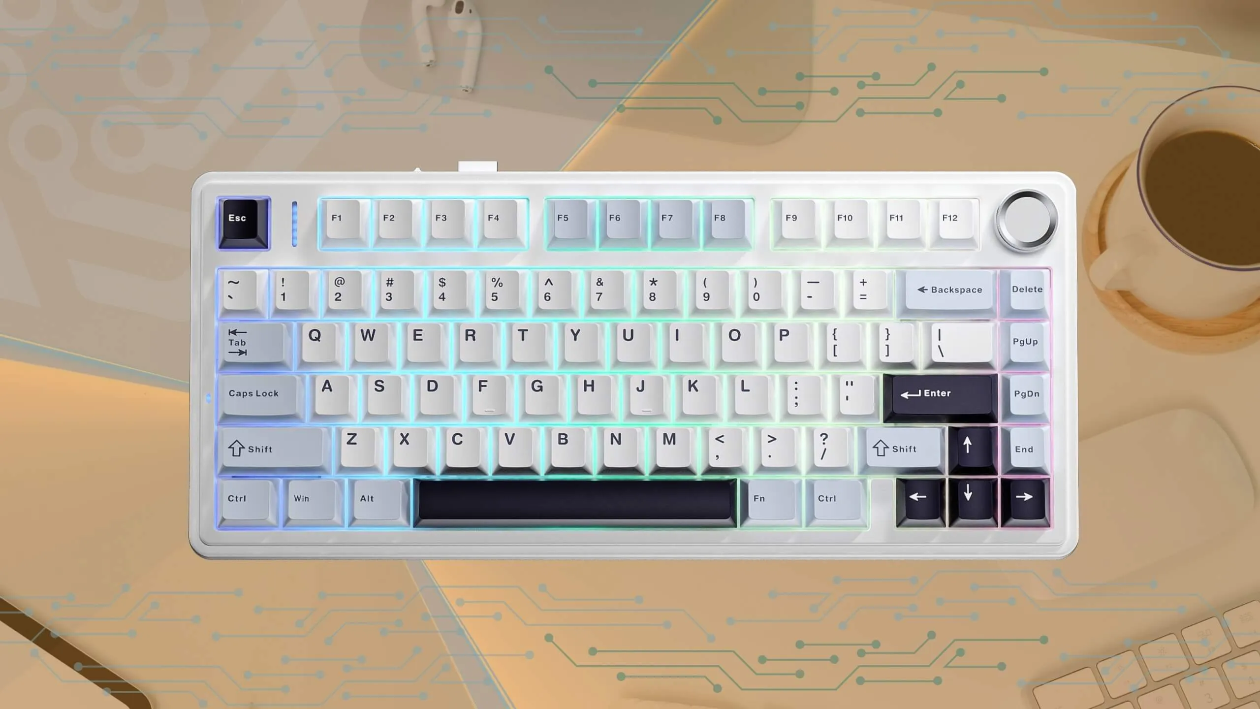Aula F75 white-blue keyboard on the work desk background
