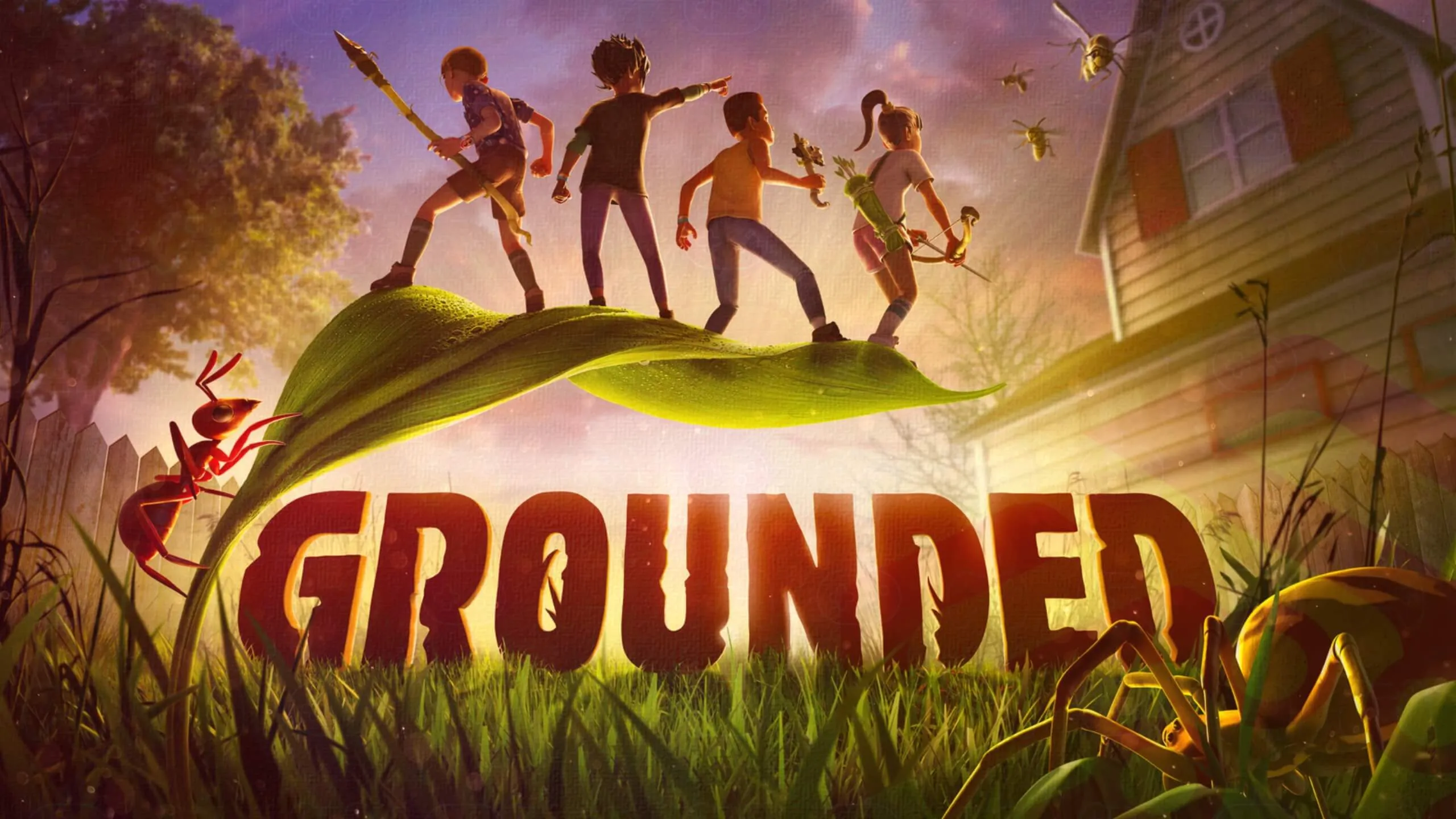 Grounded Key Art with characters on the leaf and ant close to them