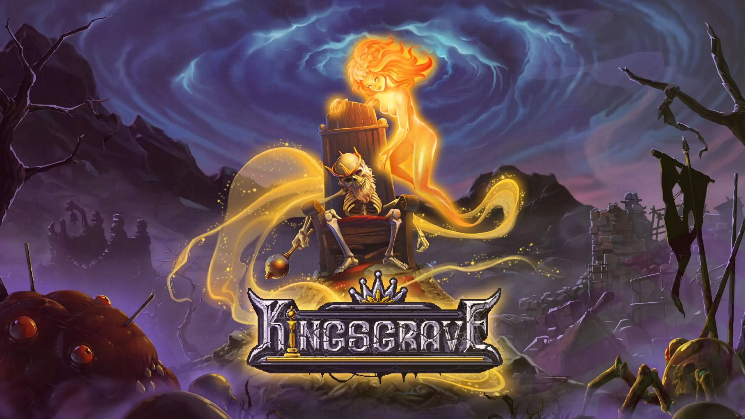 Main Keyart of Kinsgrave game with a skeleton on throne