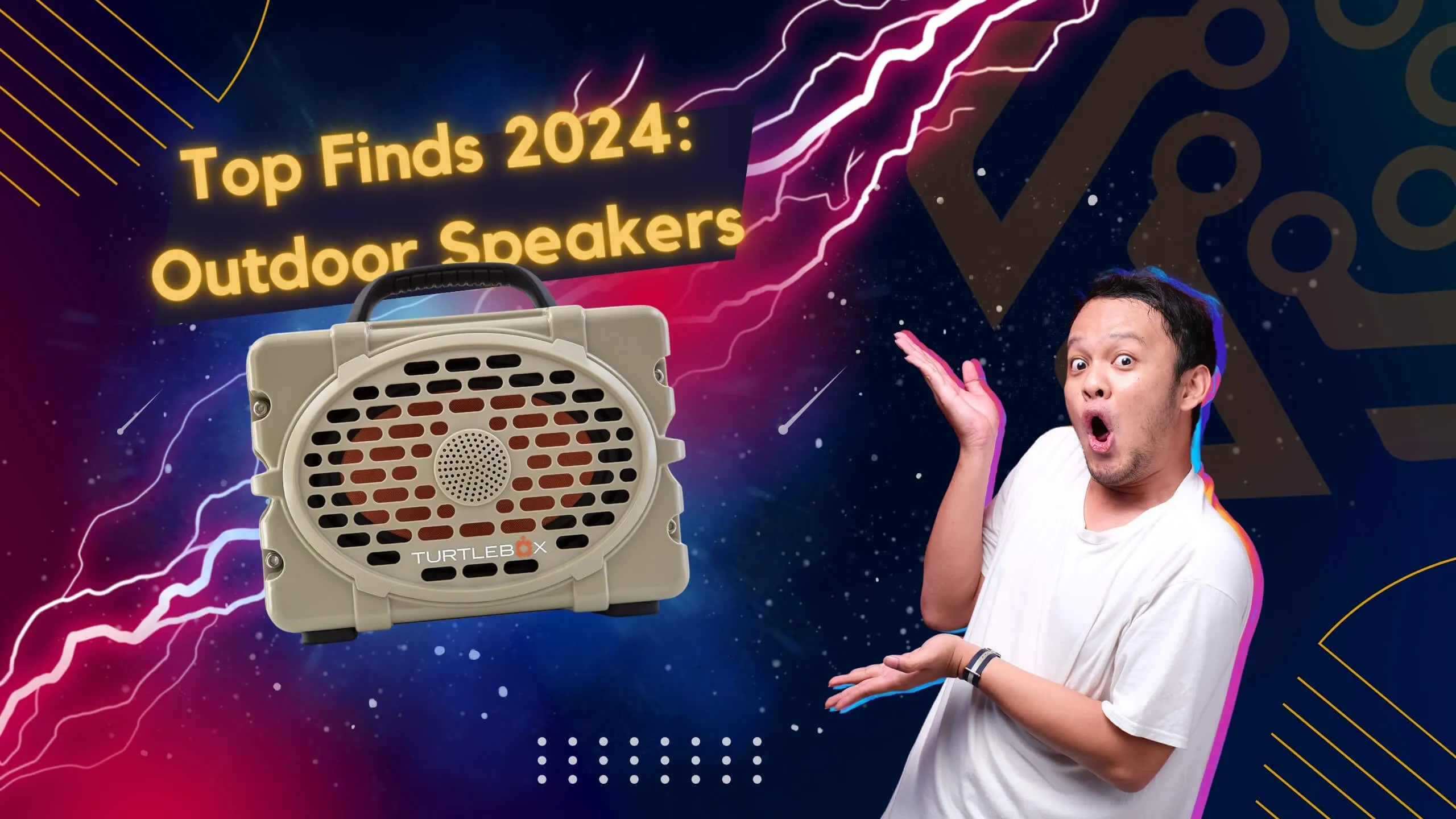 Excited man and outdoor bluetooth spaeaker