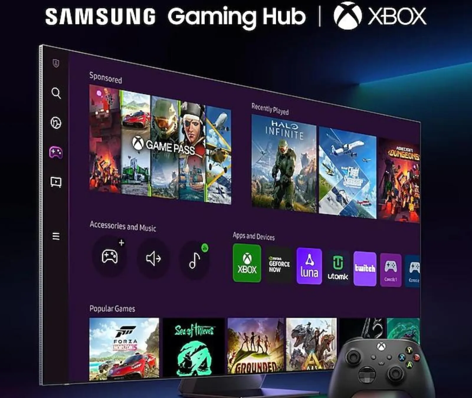 Gaming Hub features on the TV screen