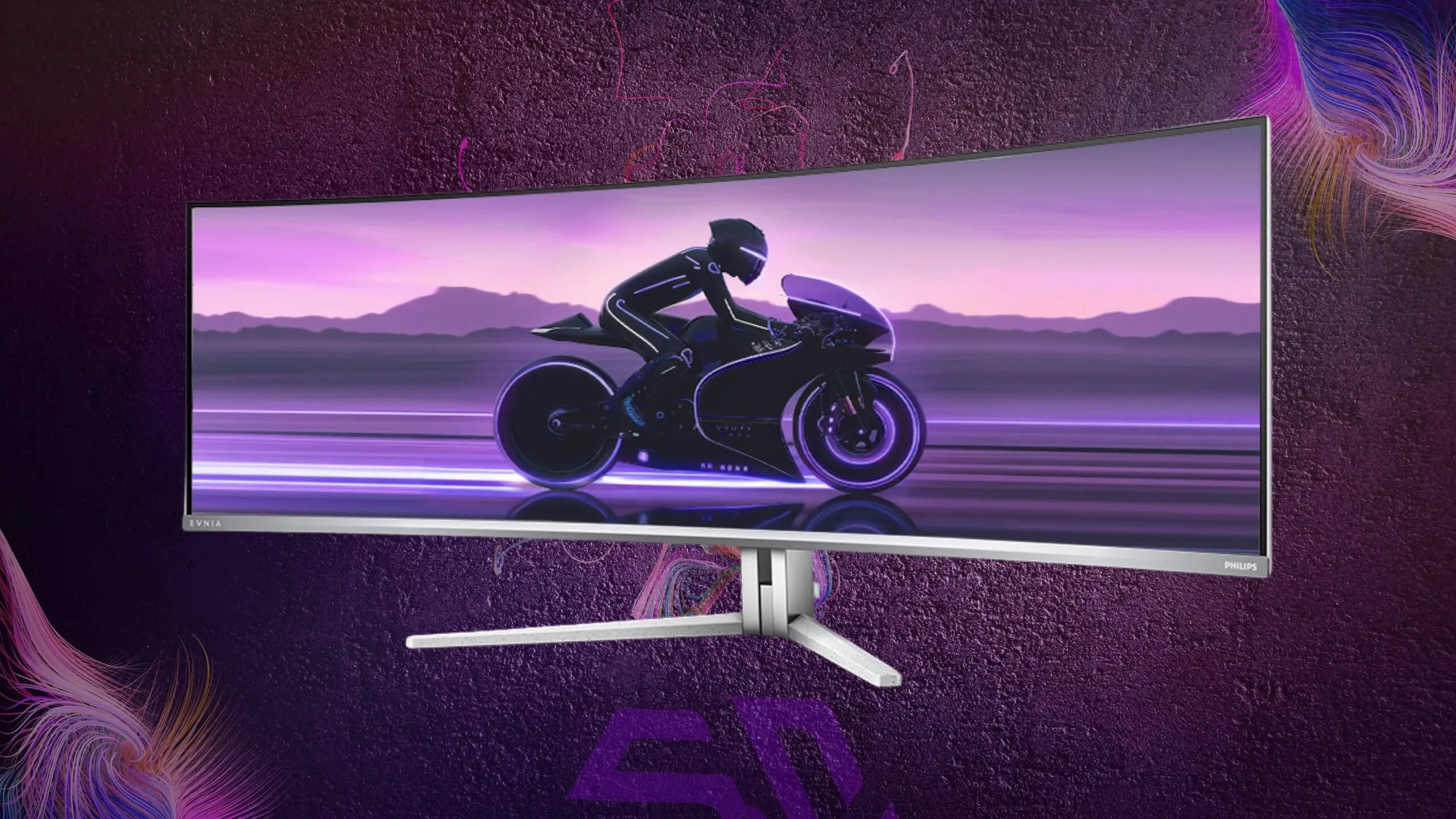 Curved Philips monitor with biker on the display