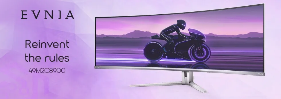 Curved Philips Evnia monitor on purple background