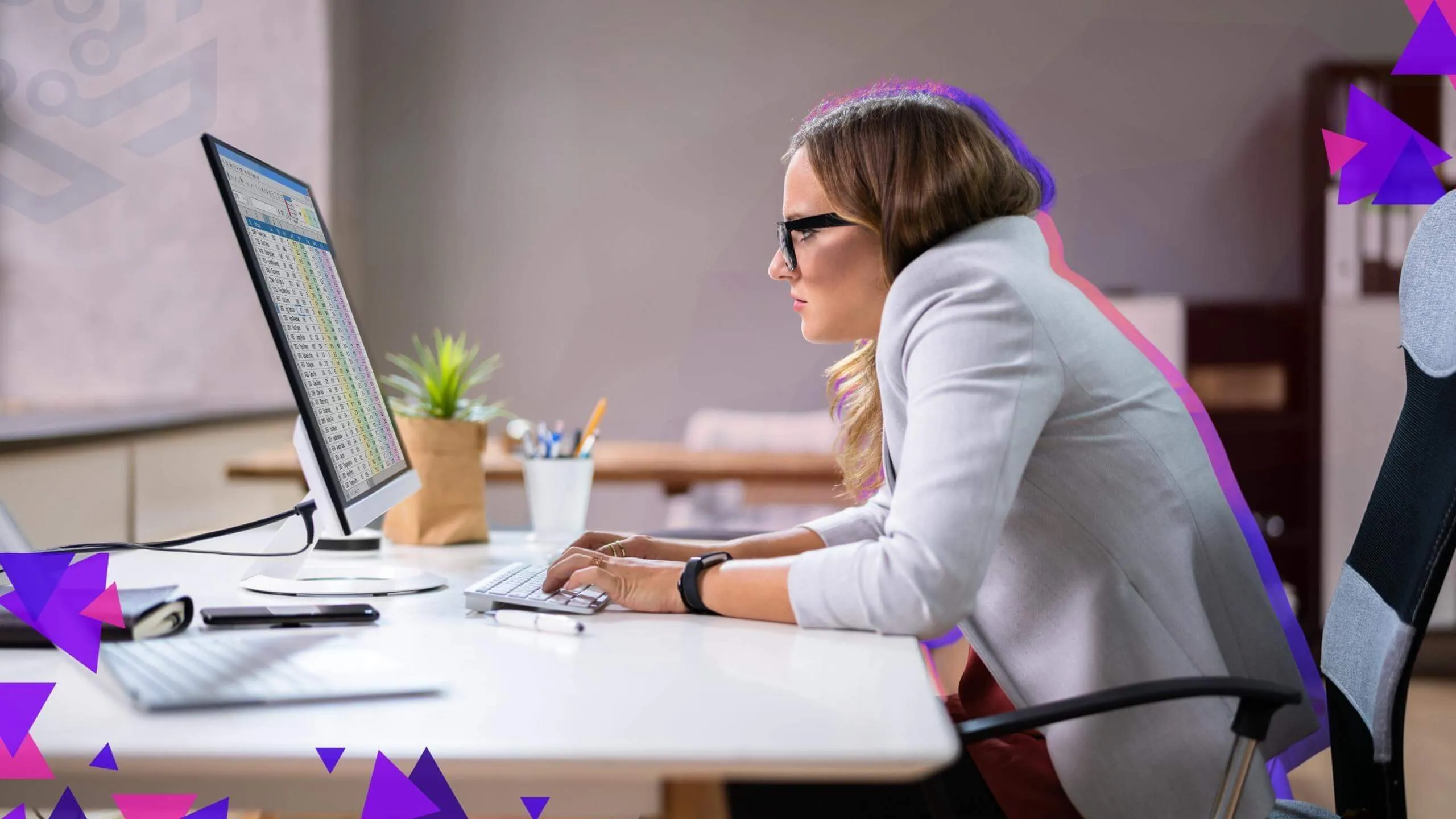 Girl with bad posture in the work desk