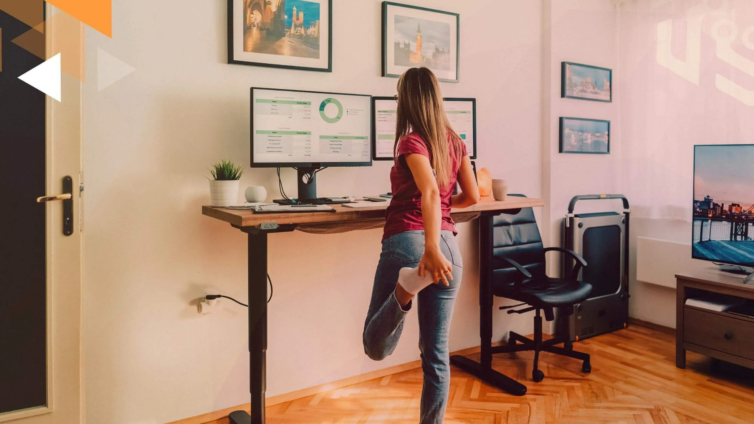 Woman close to standing desk made exersizes