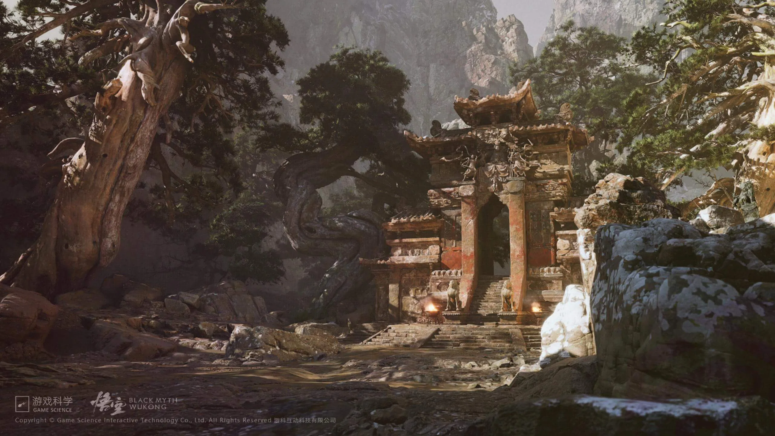 Chinese pagoda in the mountains on the screenshot of the game