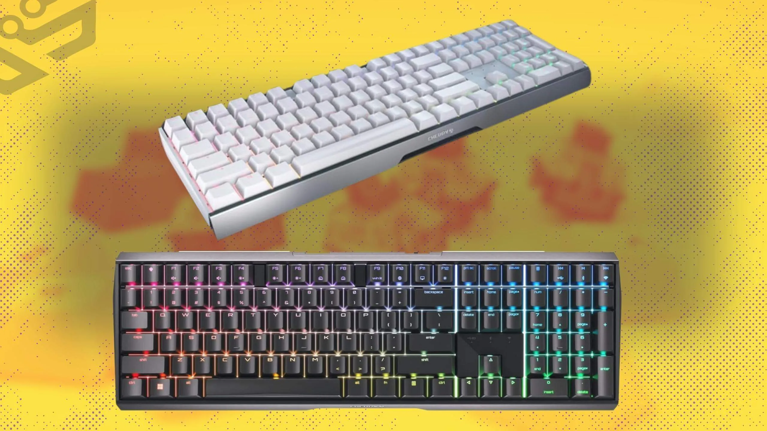 Cherry MX 3.0S Gaming keyboard in two colors on dirt yellow background