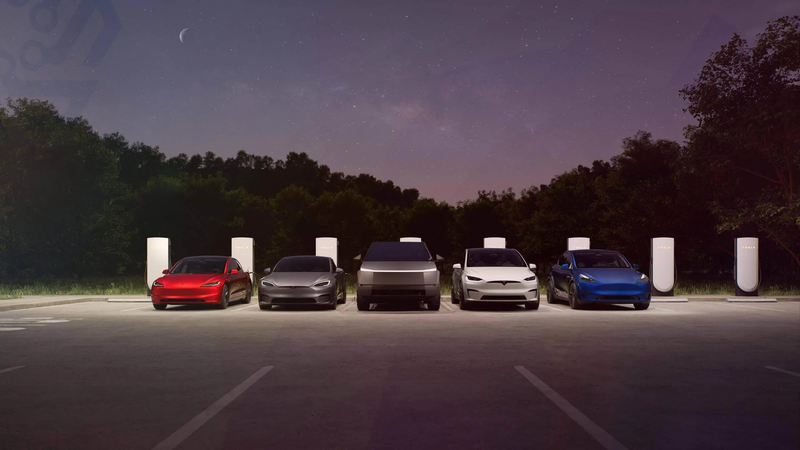 All Tesla vehicles near chargers at the night