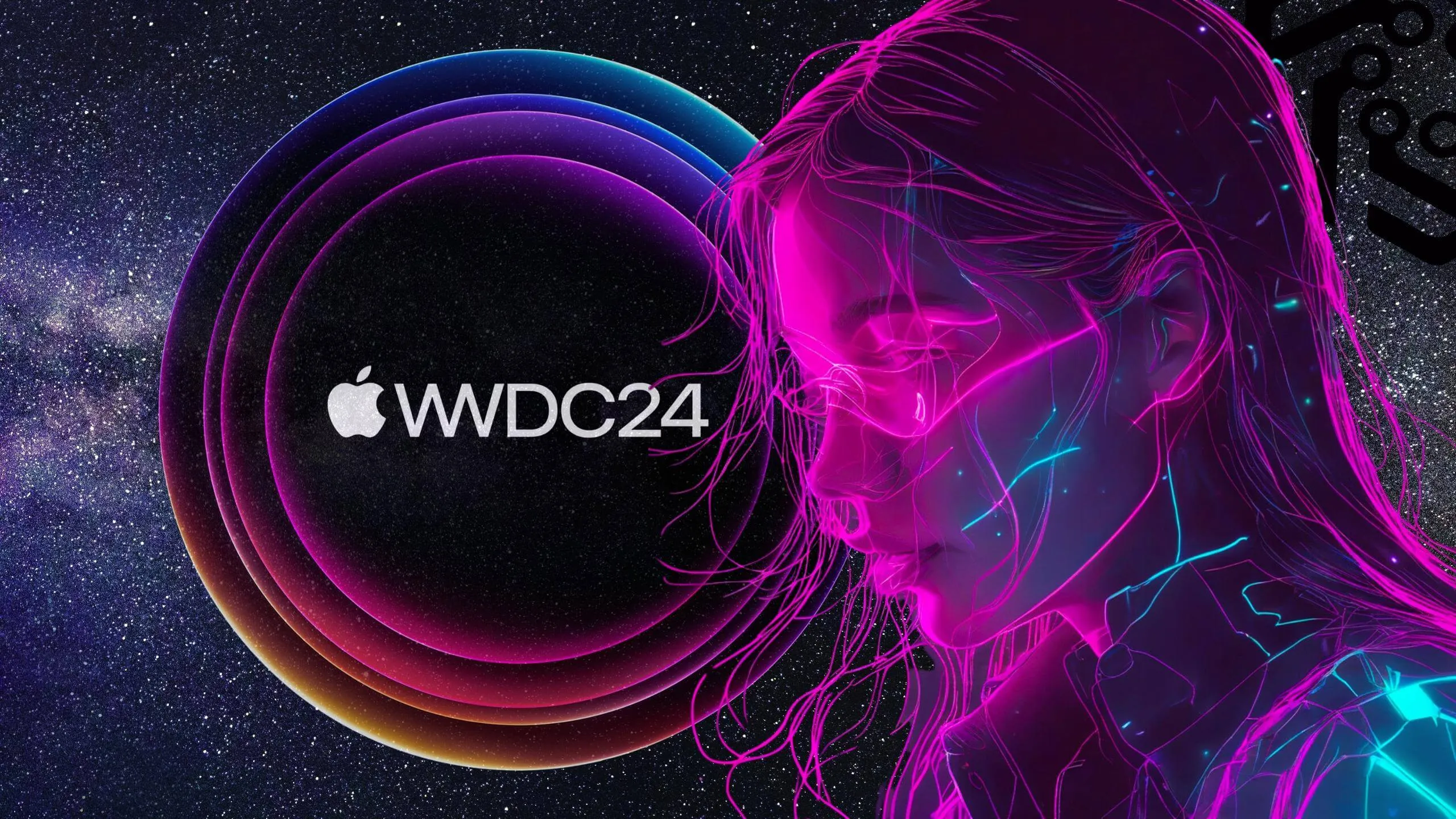 WWDC24 logo in circles and girl draw with neon style line