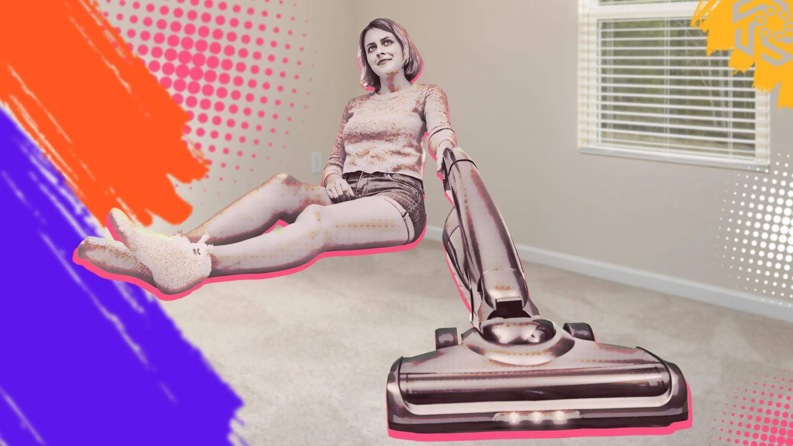 Woman with a stick vacuum sitting in room corner