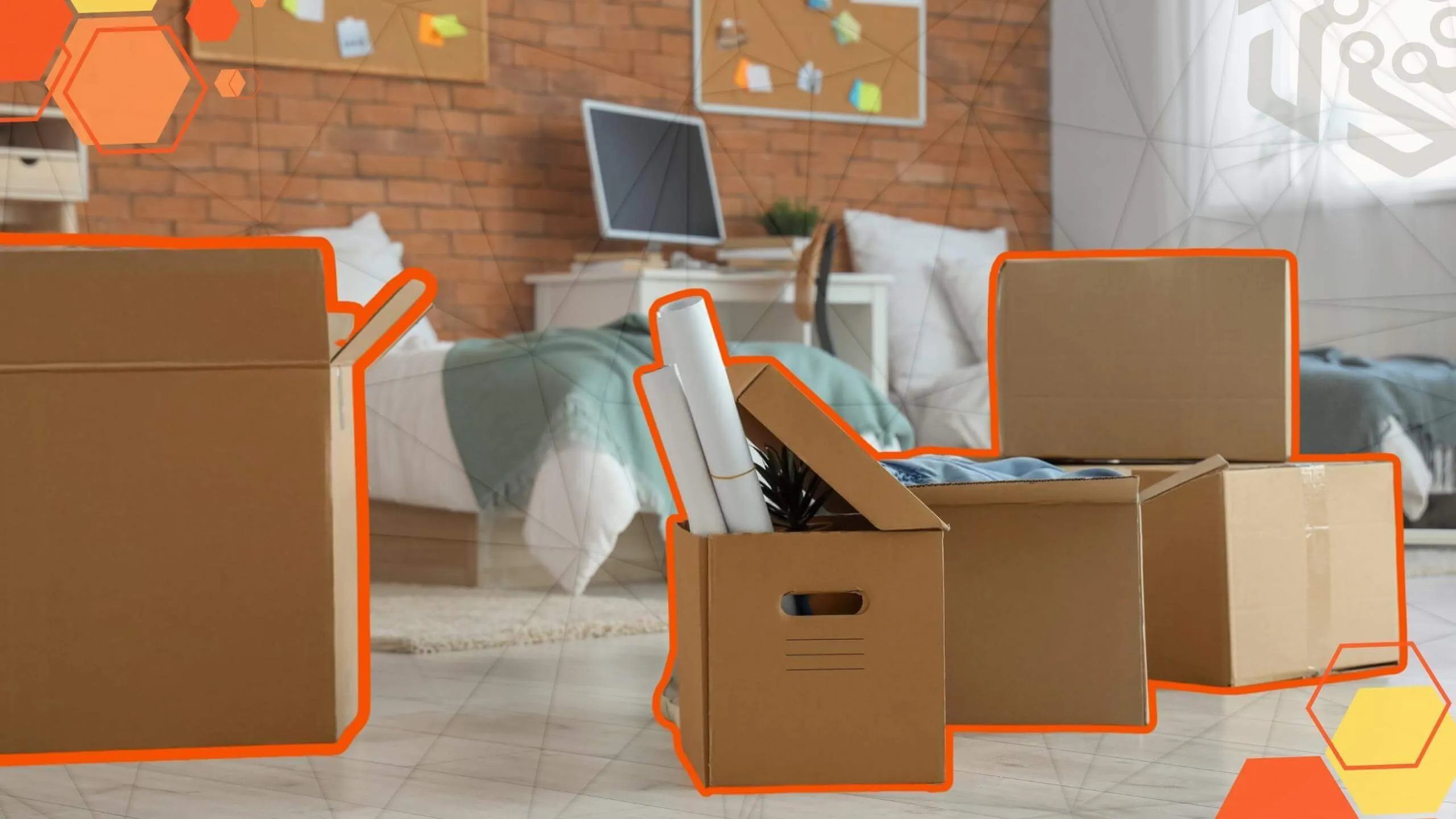 Boxes with student stuff on the dorm rooms' floor