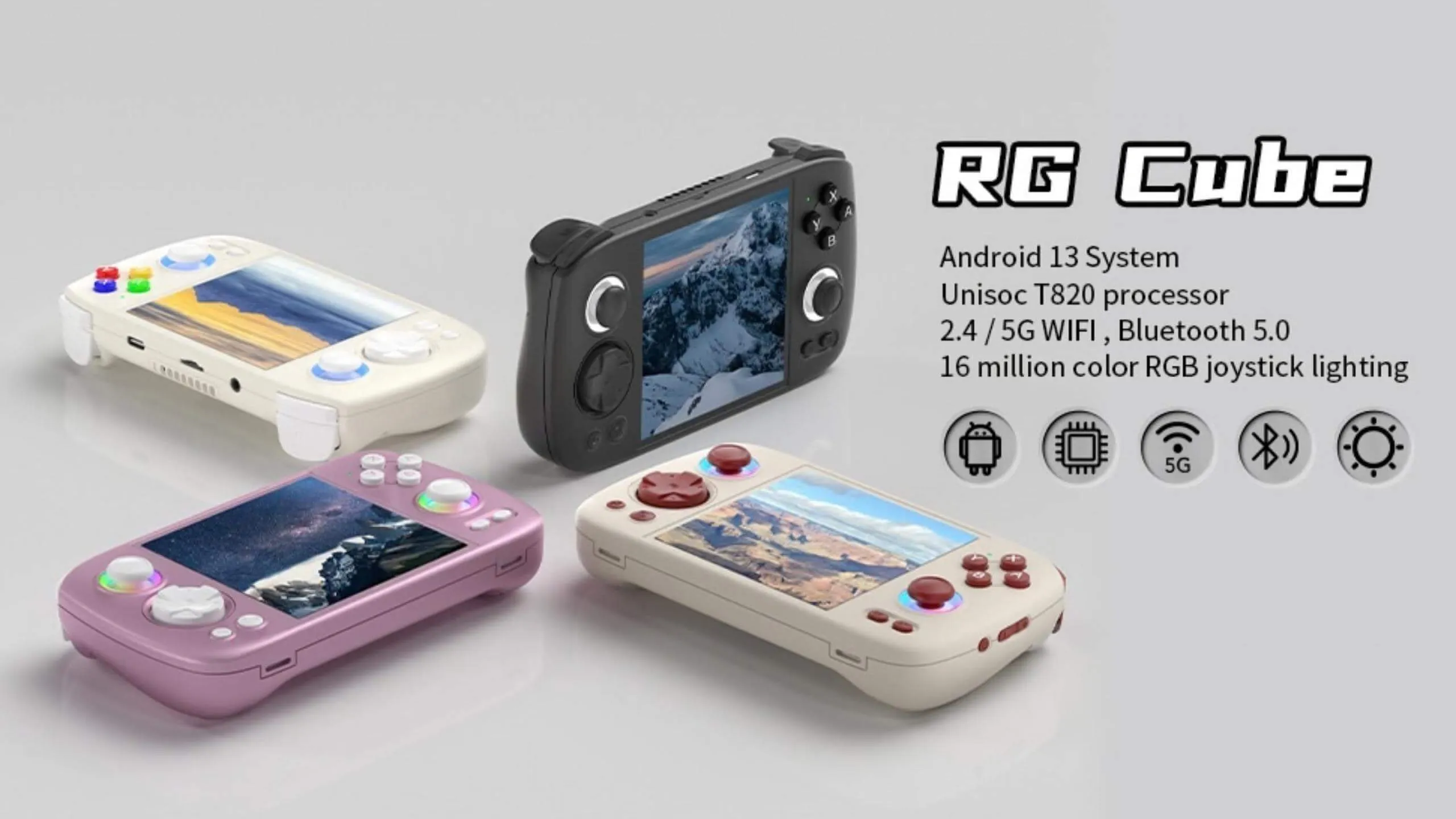 Four Anbernic RG Cub handheld gaming consoles in different colors, displaying vivid screens and RGB lights