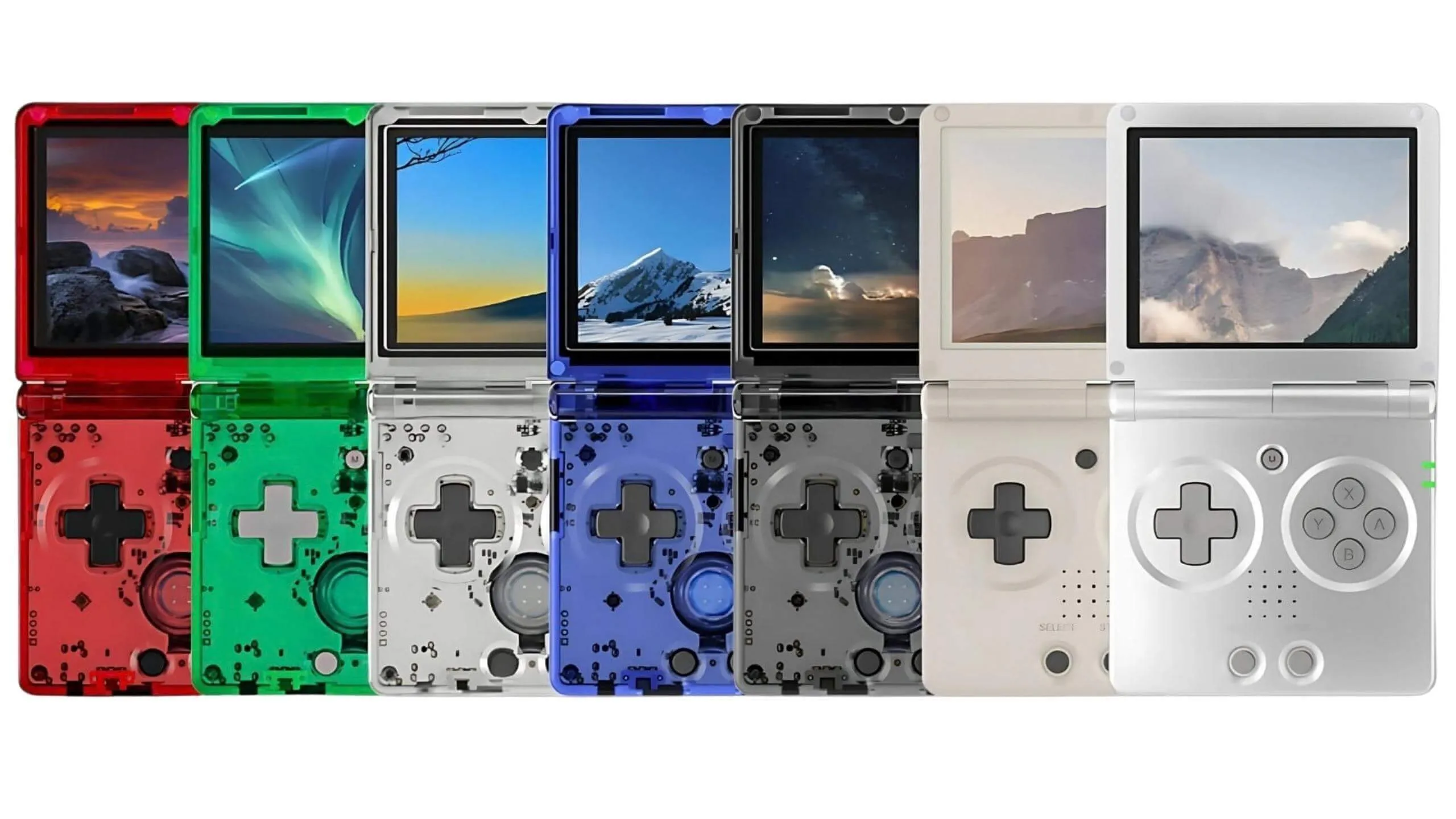 Six Anbernic RG35XX SP gaming consoles in different colors: red, green, blue, clear, grey, and white, with various screens.