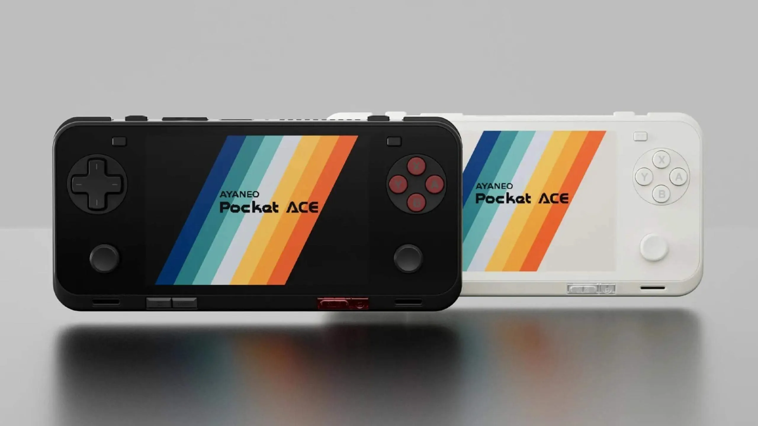 Two AYANEO Pocket ACE handheld gaming consoles, one black and one white, on a gray background