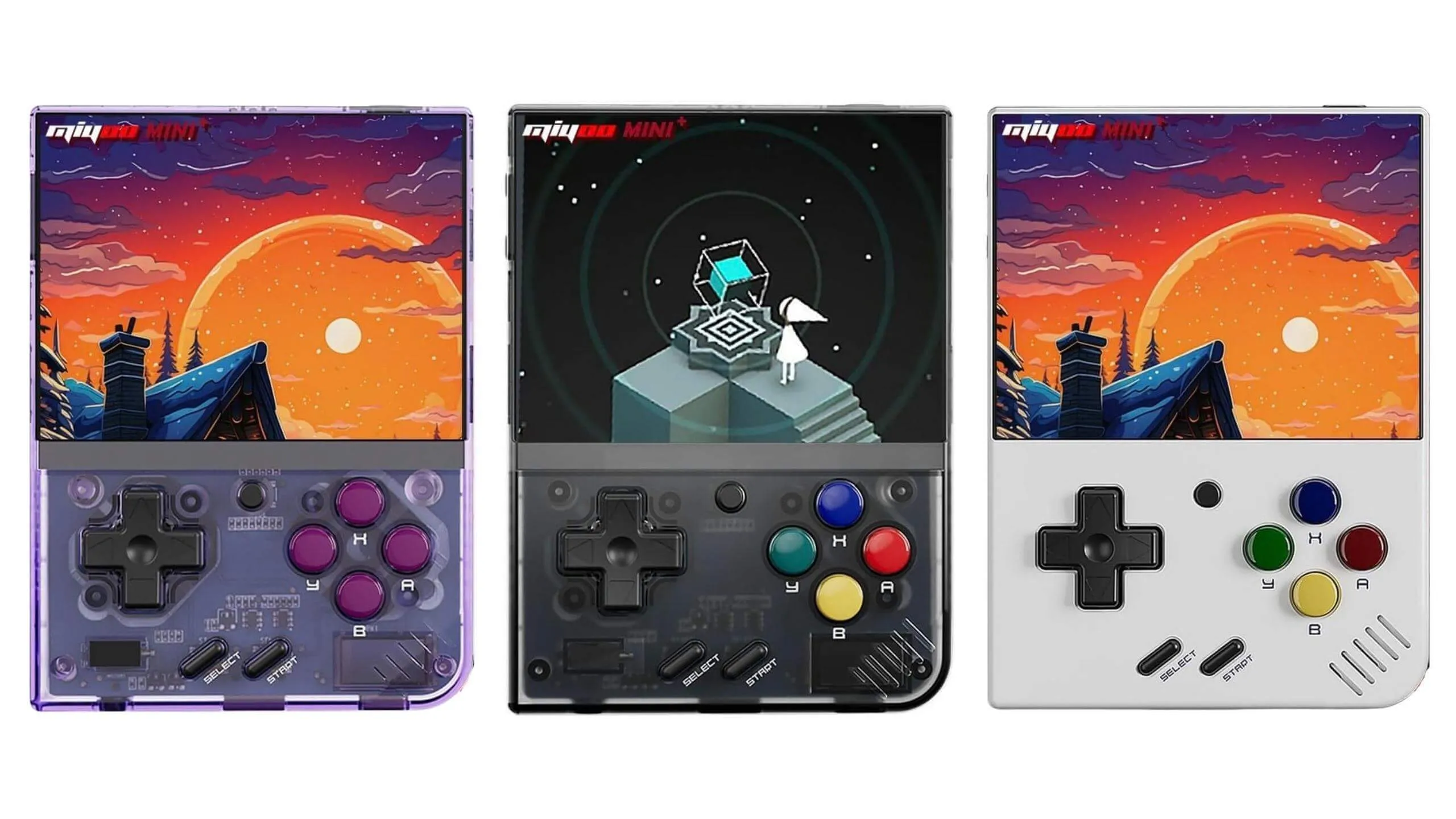 Three Miyoo mini plus retro handheld gaming consoles with various screen designs and button layouts.