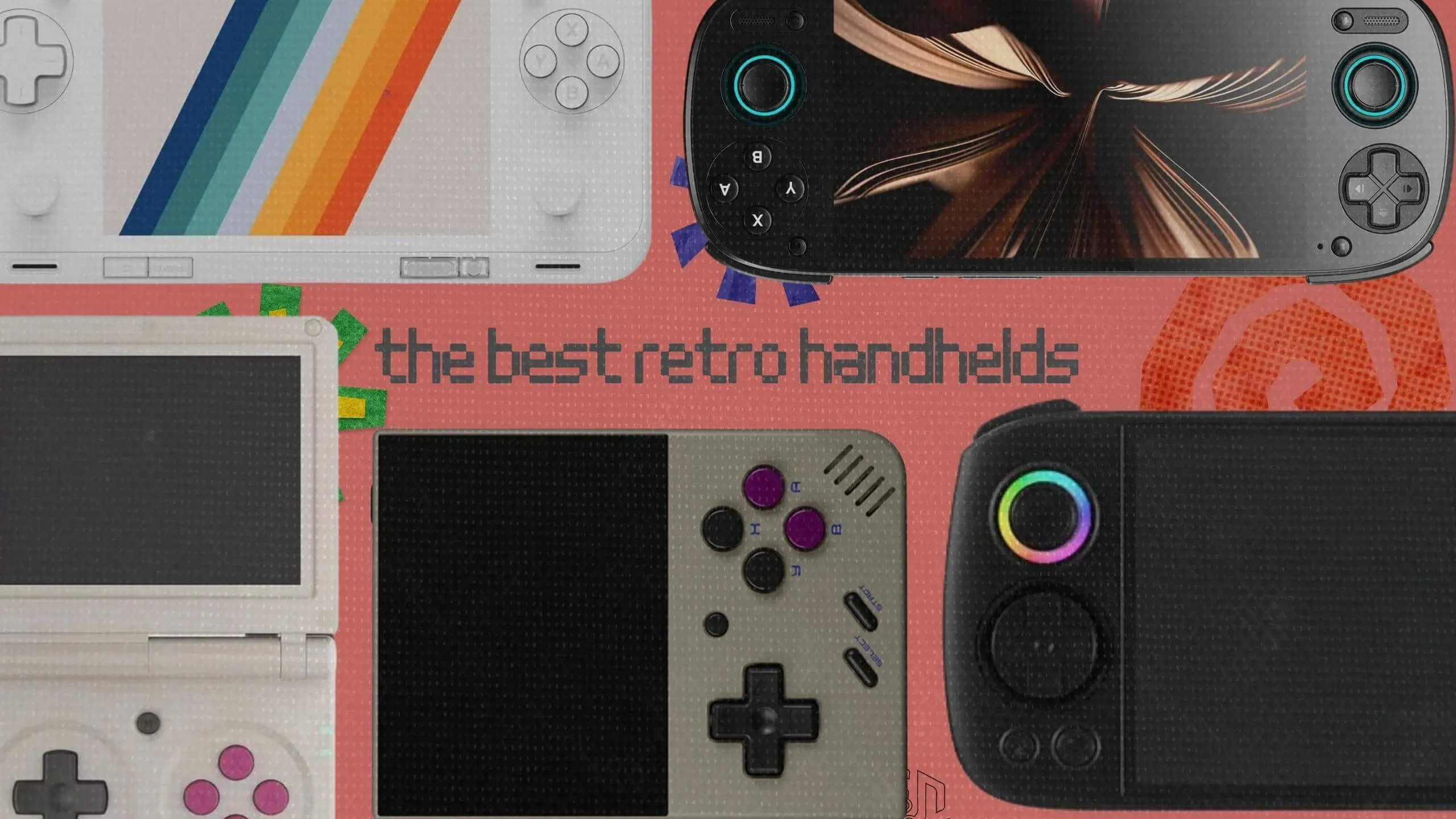 Five retro handheld gaming devices on a colorful background with the text "the best retro handhelds"