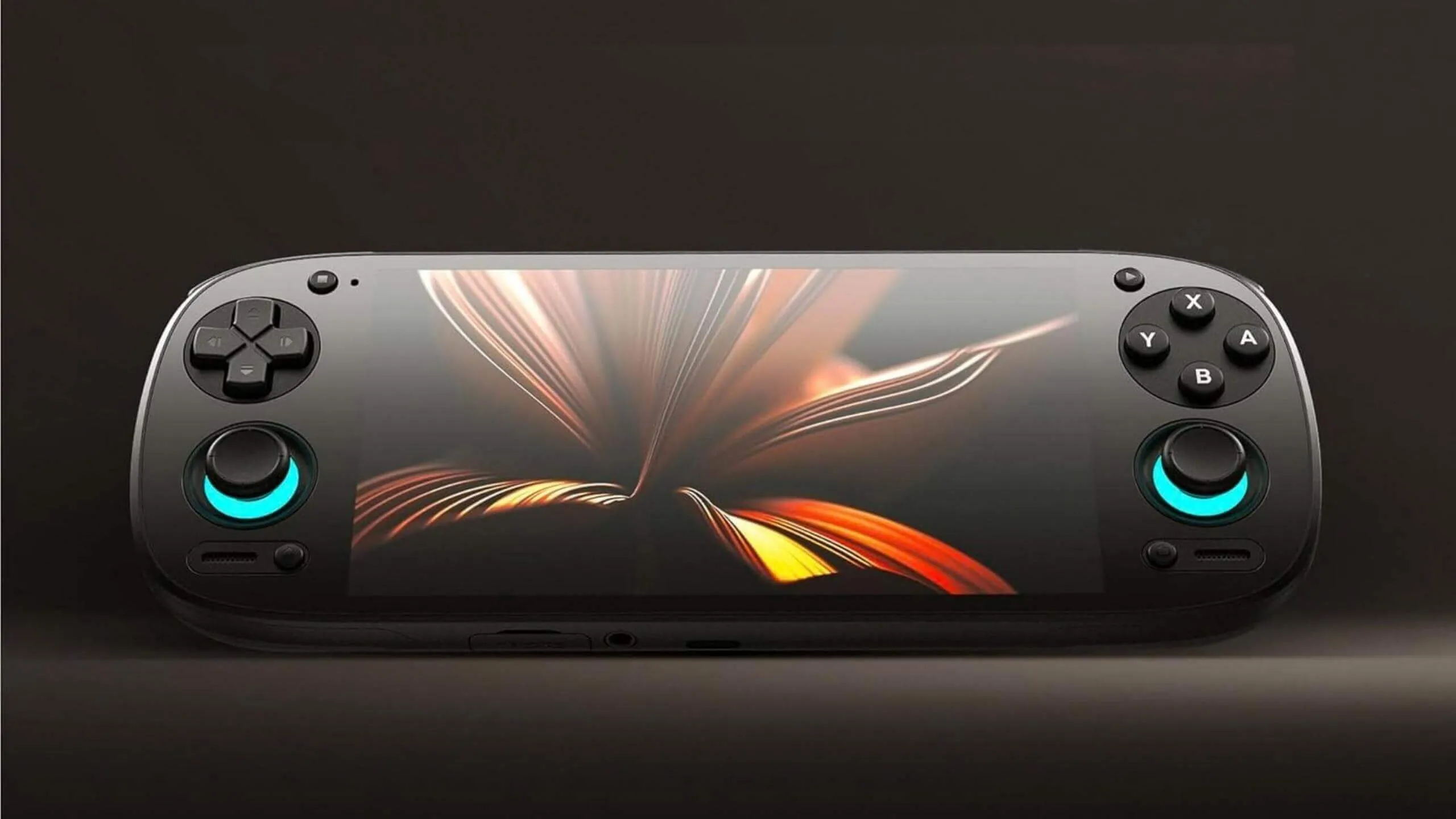 A Retroid Pocket 5 handheld gaming console with a large screen, buttons, and glowing analog sticks