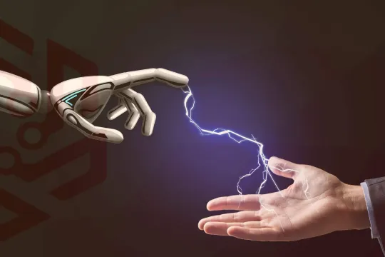 An artificial hand electrocutes a human hand