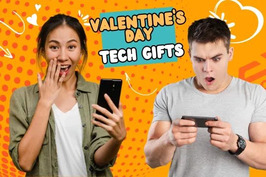 Excited woman and man with phones find a Valentine's Day gifts