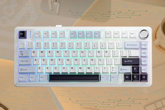 Aula F75 white-blue keyboard on the work desk background