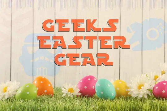 Easter eggs on the grass and star wars elements on the fence with title 