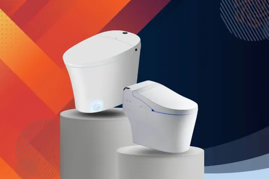 Smart toilets on the pedestal on orange and blue bg