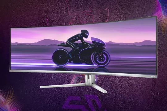 Curved Philips monitor with biker on the display