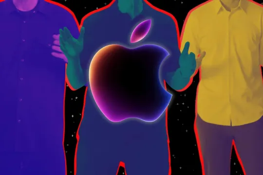 Apple celebrities gesturing with the Apple logo against a starry sky background.