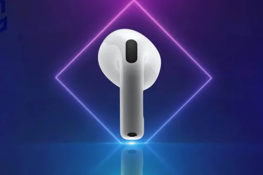 AirPods 4 pod on the blue neon background