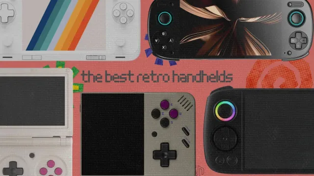 Five retro handheld gaming devices on a colorful background with the text "the best retro handhelds"