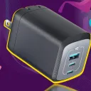 Fast GaN charger on purple bg