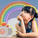 Yoto Player and asian girl with rainbow and cloud background