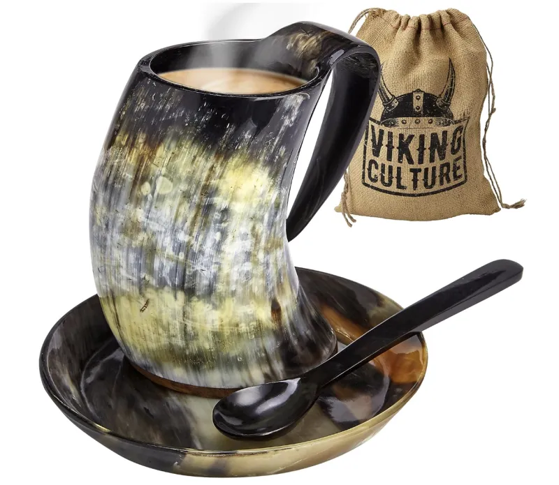 Viking Culture Coffee Horn Mug with Spoon, Plate, and Bag