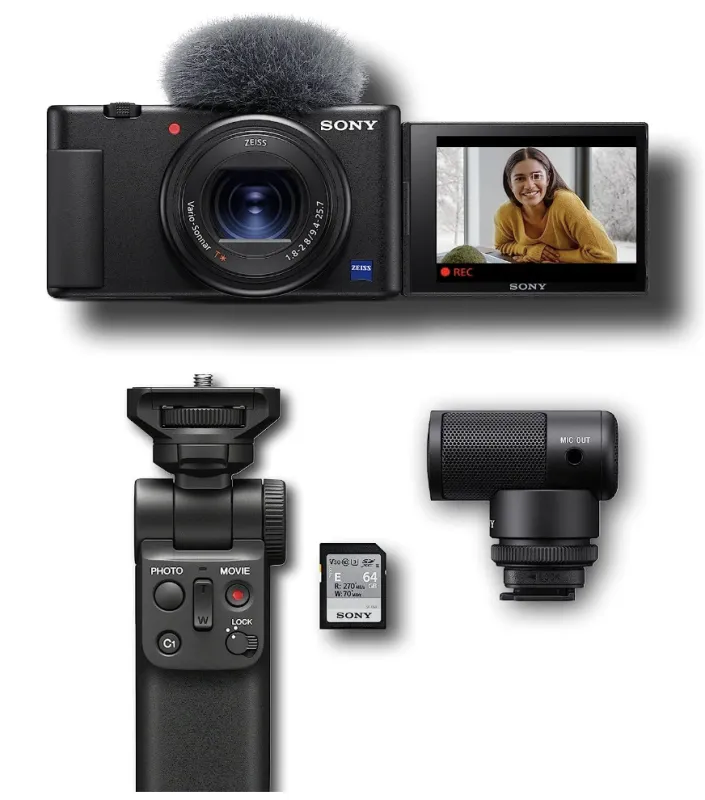 sony zv-1 camera with mic and tripod-grip