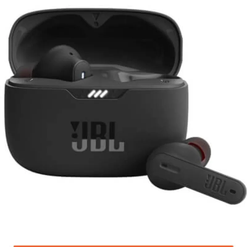 Black JBL Tune 230NC TWS Headphone near the charging box
