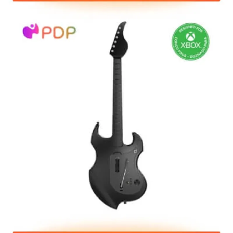 Wireless guitar controller with Xbox and PDP logo on white bg