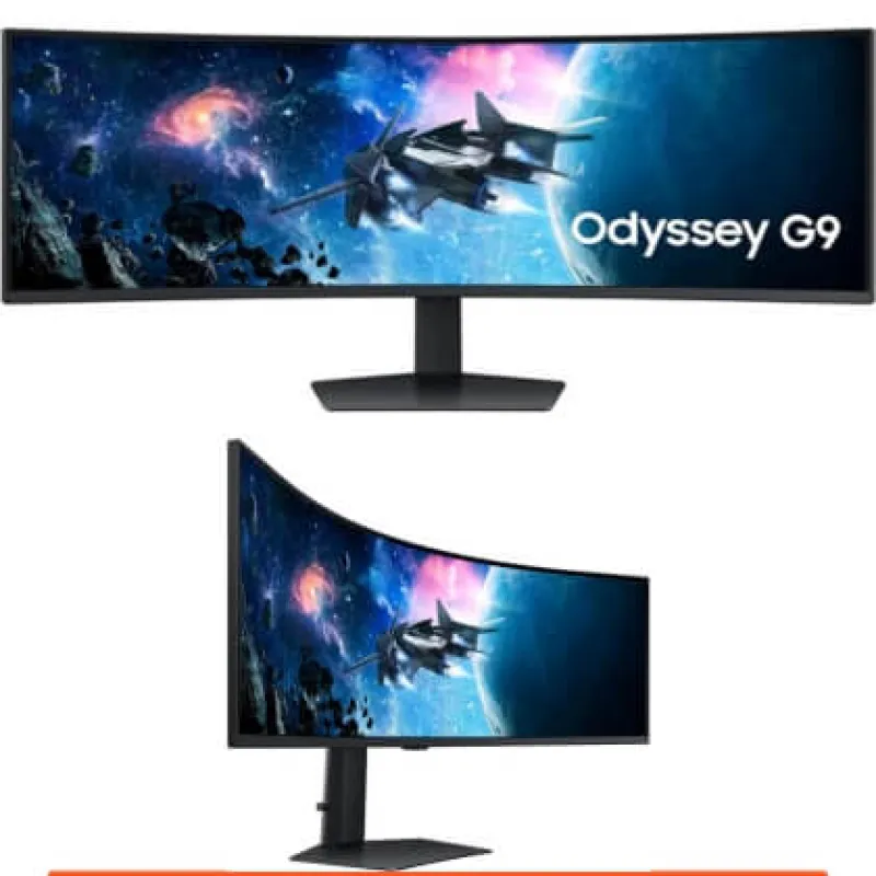 Image of a curved black monitor Odyssey G9 from the front and rotated