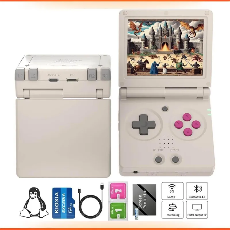 A portable RG35XX SP gaming console with a flip screen displaying a fantasy scene, and colorful buttons