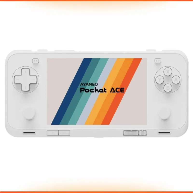 AYANEO Pocket ACE handheld game console with a colorful striped screen