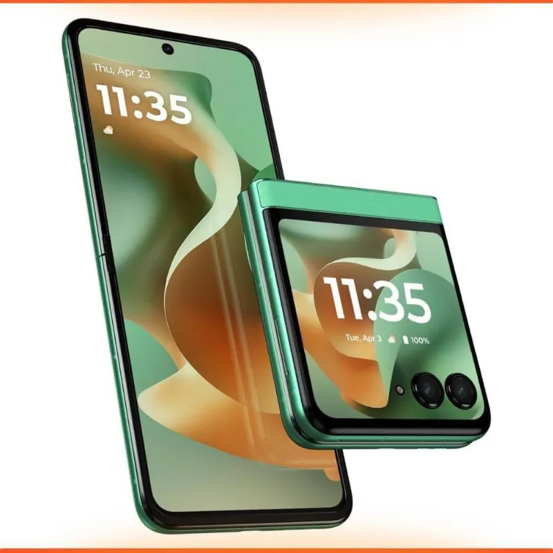 Motorola Razr foldable smartphone in sage green with cover screen showing 11:35